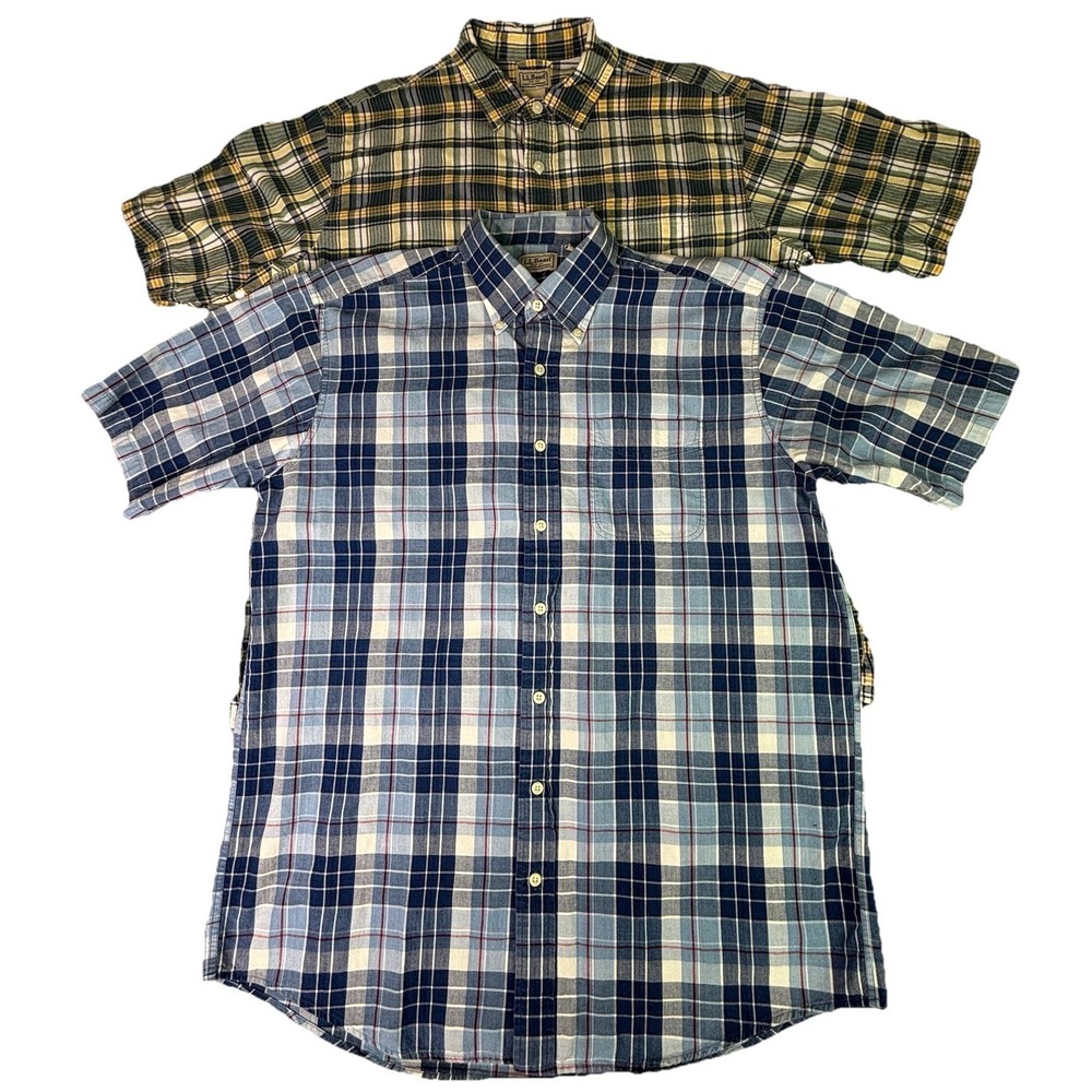 L.L. Bean Cotton Shirt Lot Of 2 Mens Large Tall LT Blue Green Plaid Camp Pocket